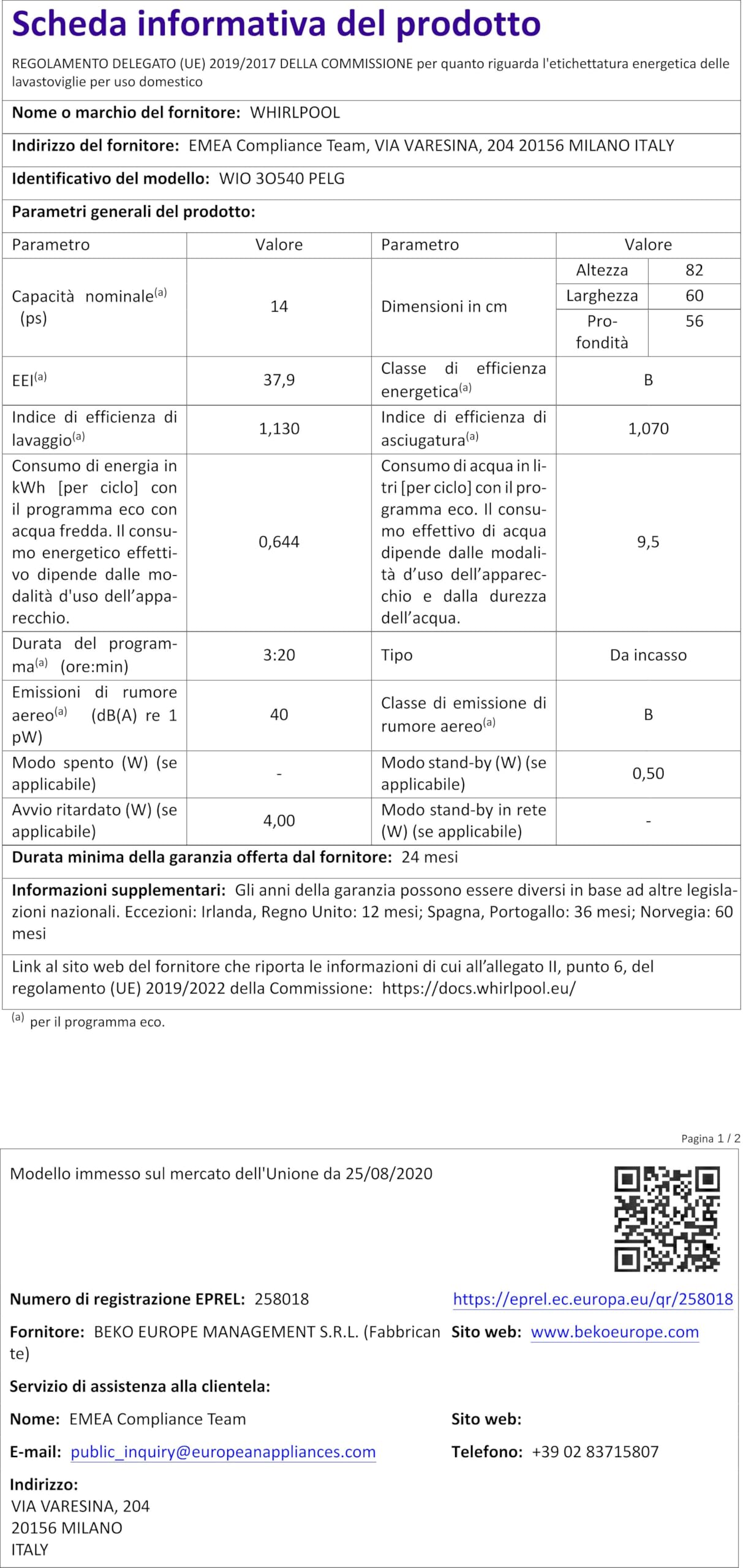 Whirlpool WIO 3O540 PELG - Lavastoviglie n° 14 Coperti [Classe